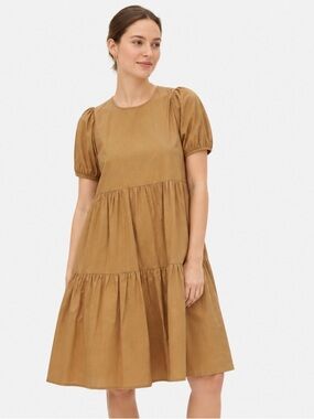 Everlane The Tiered Cotton Dress with Short Sleeves in Tan Khaki